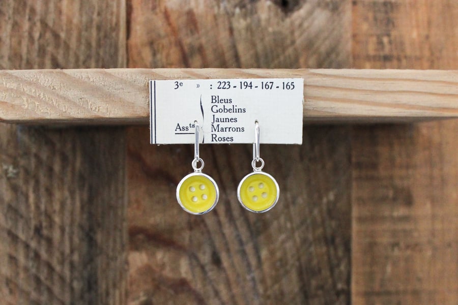 Vintage button earrings, silver earrings, yellow buttons