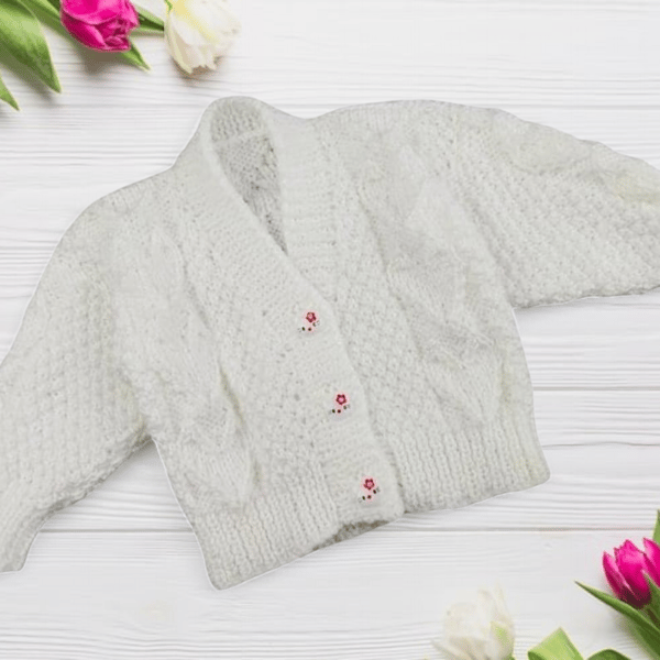Hand-Knitted White Baby Cardigan 0-3 Months, Textured Hearts, Baby Shower Gift