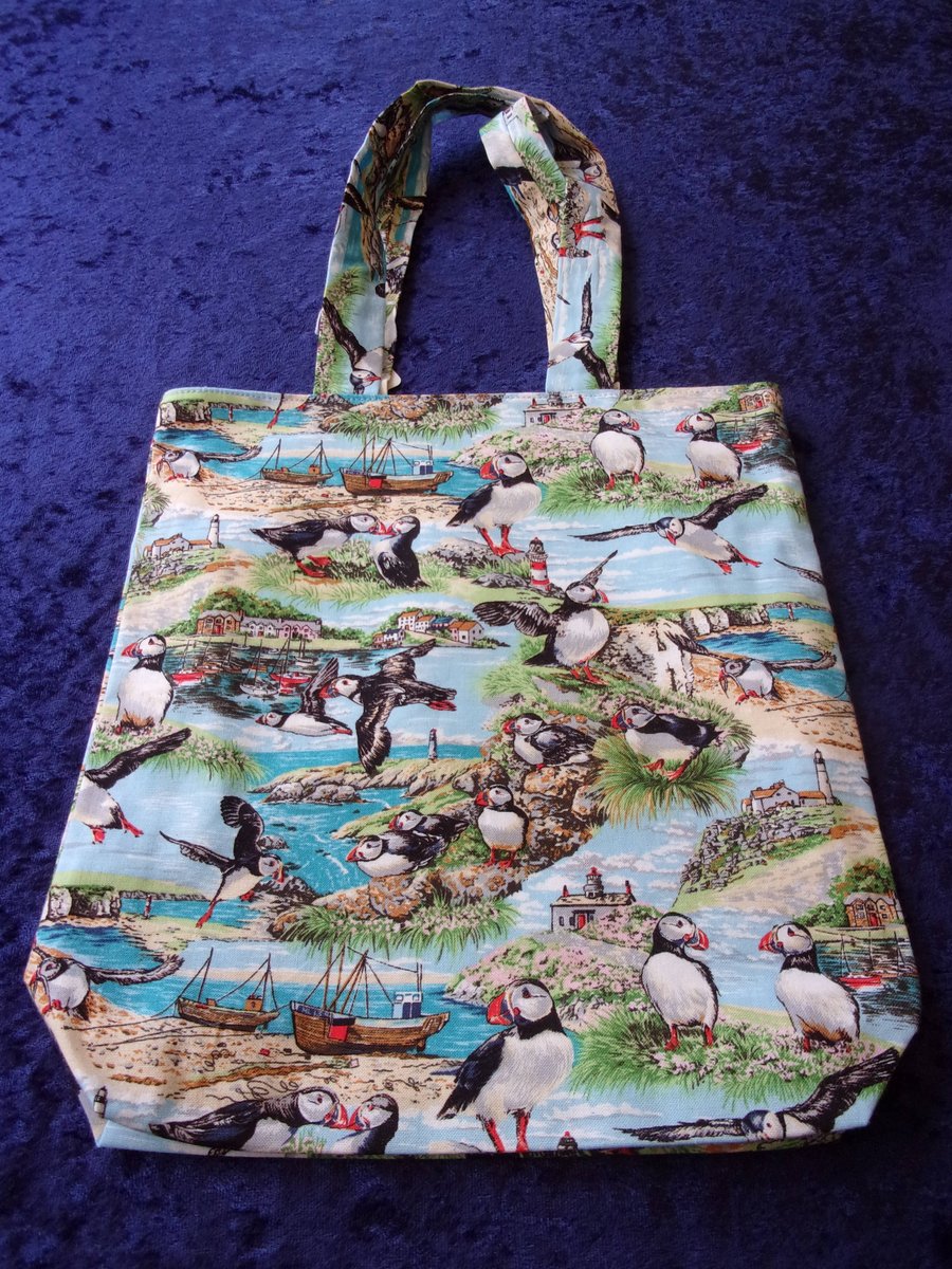 Puffins & Coastal Scene Fabric Bag