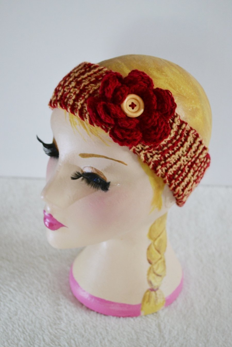 Ruby and Gold Knitted Headband Ear, 7T - Adult Warmer Chunky Knit Hairband 