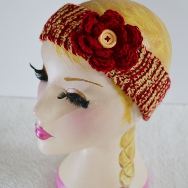 Ruby and Gold Knitted Headband Ear, 7T - Adult Warmer Chunky Knit Hairband 