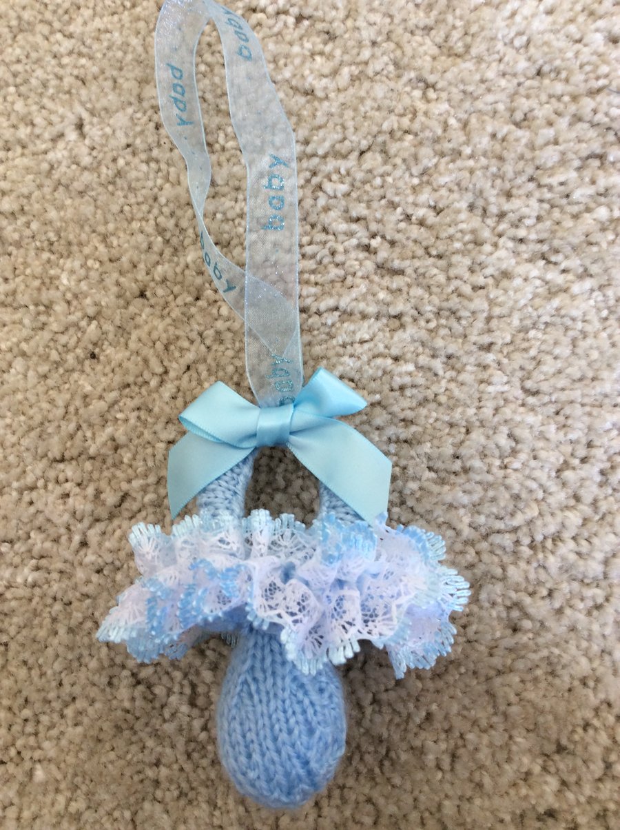 Blue baby dummy pram charm hand knitted 