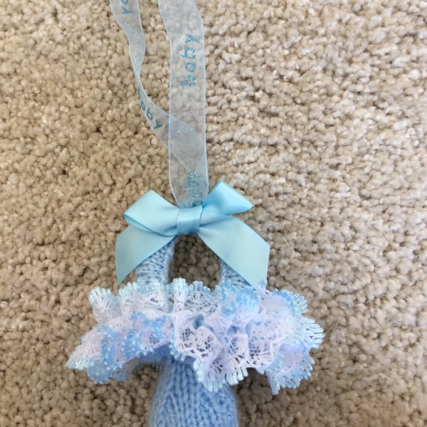 Blue baby dummy pram charm hand knitted 