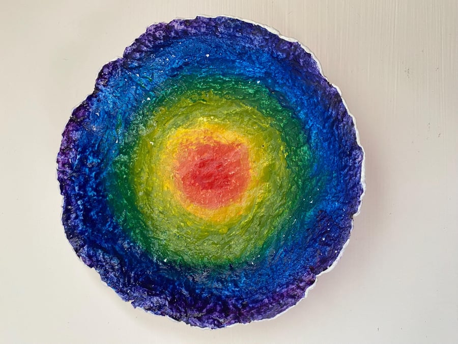Rainbow Paper Mache Bowl: Recycled Decorative Trinket Dish