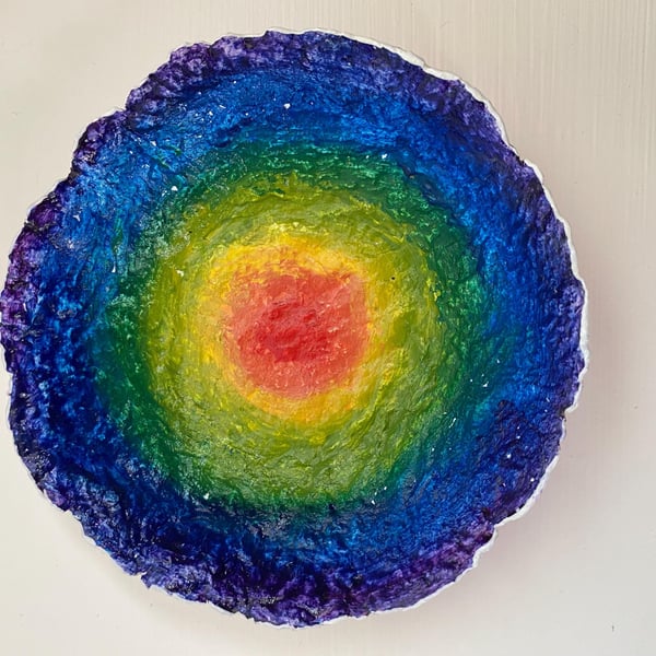 Rainbow Paper Mache Bowl: Recycled Decorative Trinket Dish