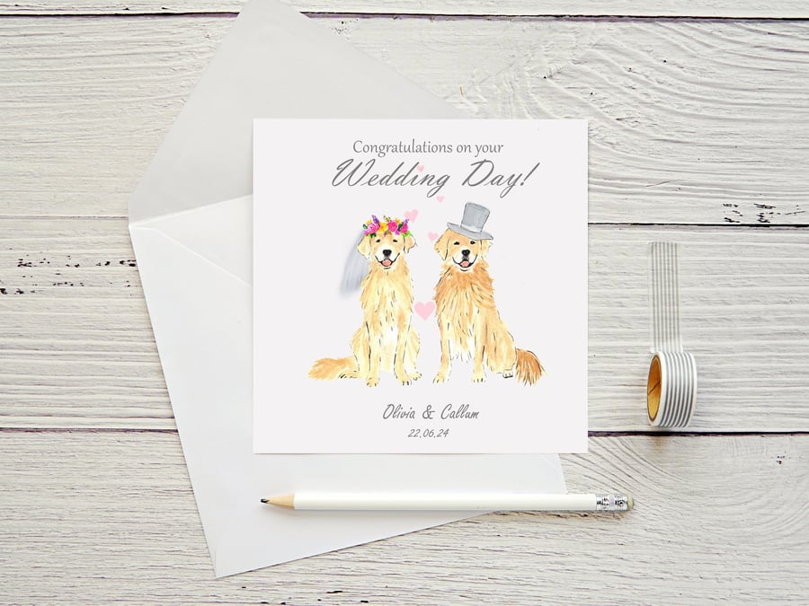 Personalised Golden Retriever Wedding Card. Dog Lover Gift, Bride & Groom, 