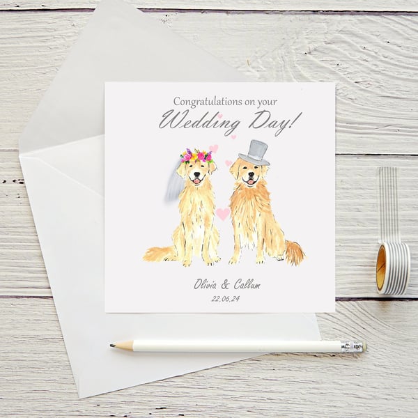 Personalised Golden Retriever Wedding Card. Dog Lover Gift, Bride & Groom, 