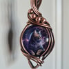 Purple Cat & Moon Glass & Copper Necklace Pendant Gift Jewellery Jewelry 