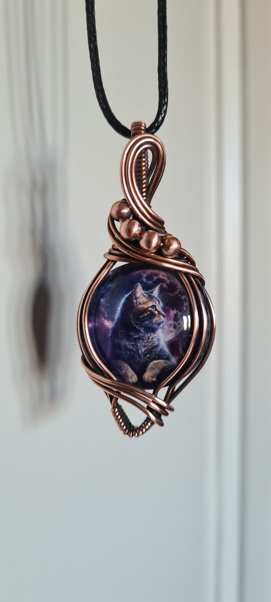 Purple Cat & Moon Glass & Copper Necklace Pendant Gift Jewellery Jewelry 