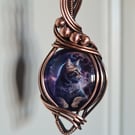 Purple Cat & Moon Glass & Copper Necklace Pendant Gift Jewellery Jewelry 