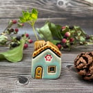 Ceramic Mini House with Chimney - Soft Green with Red Flowers
