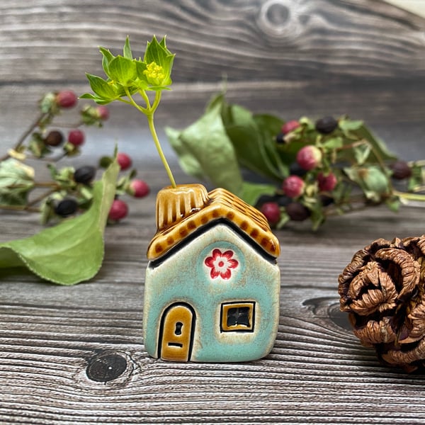 Ceramic Mini House with Chimney - Soft Green with Red Flowers
