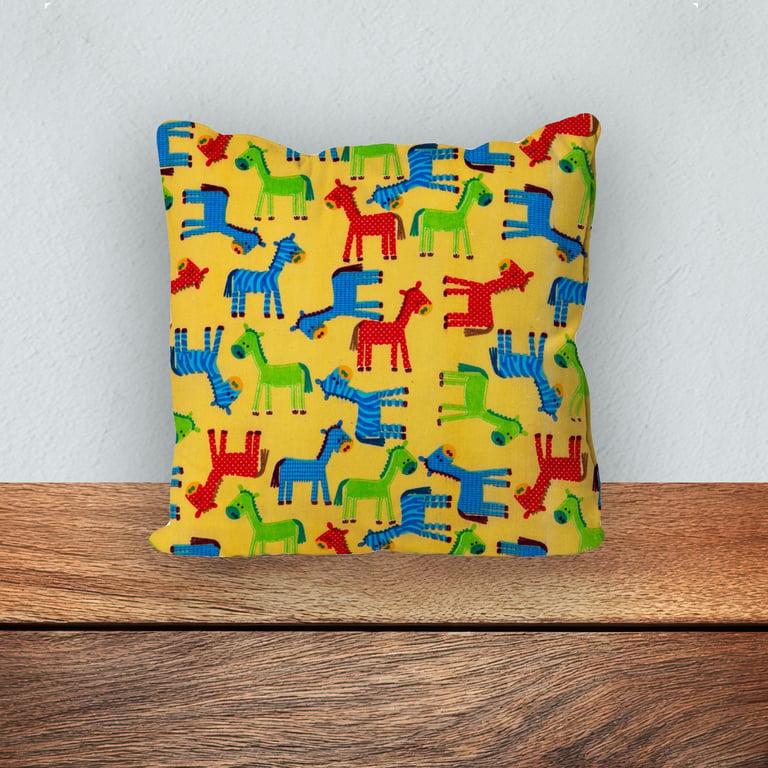 Children's Cushion, Nursery Mini Cushion, Handmade Cushion-Coloured Horses-SMC32