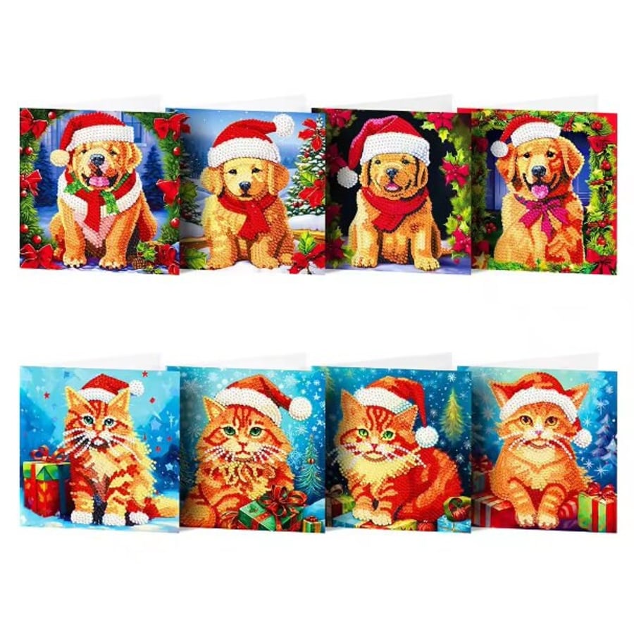 8pcs 5D DIY Diamond Painting Christmas Cat and Dog Card Kits For Adults Diamond 