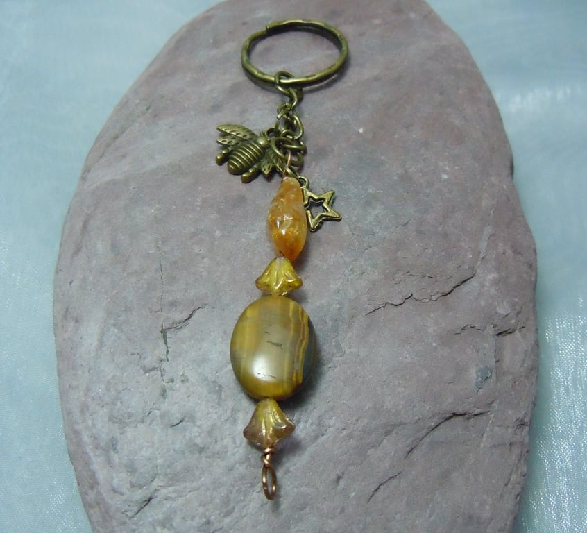 Keyring & bag charm in antique bronze with semi precious beads