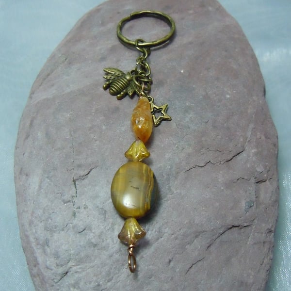 Keyring & bag charm in antique bronze with semi precious beads