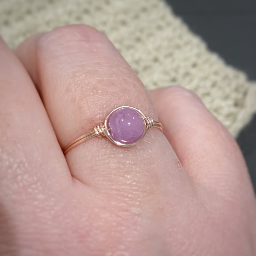 Amethyst gemstone ring in rose gold coloured wire
