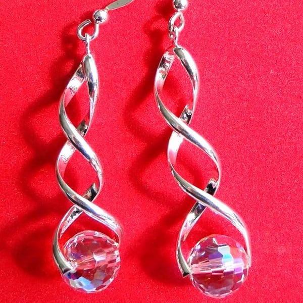 Sparkly Chrystal globe earrings on a twisted silver fitting - Christmas gift