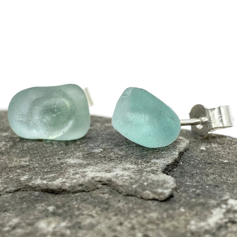 Sea Glass Stud Earrings - Aqua Green Scottish Silver Seaglass Jewellery
