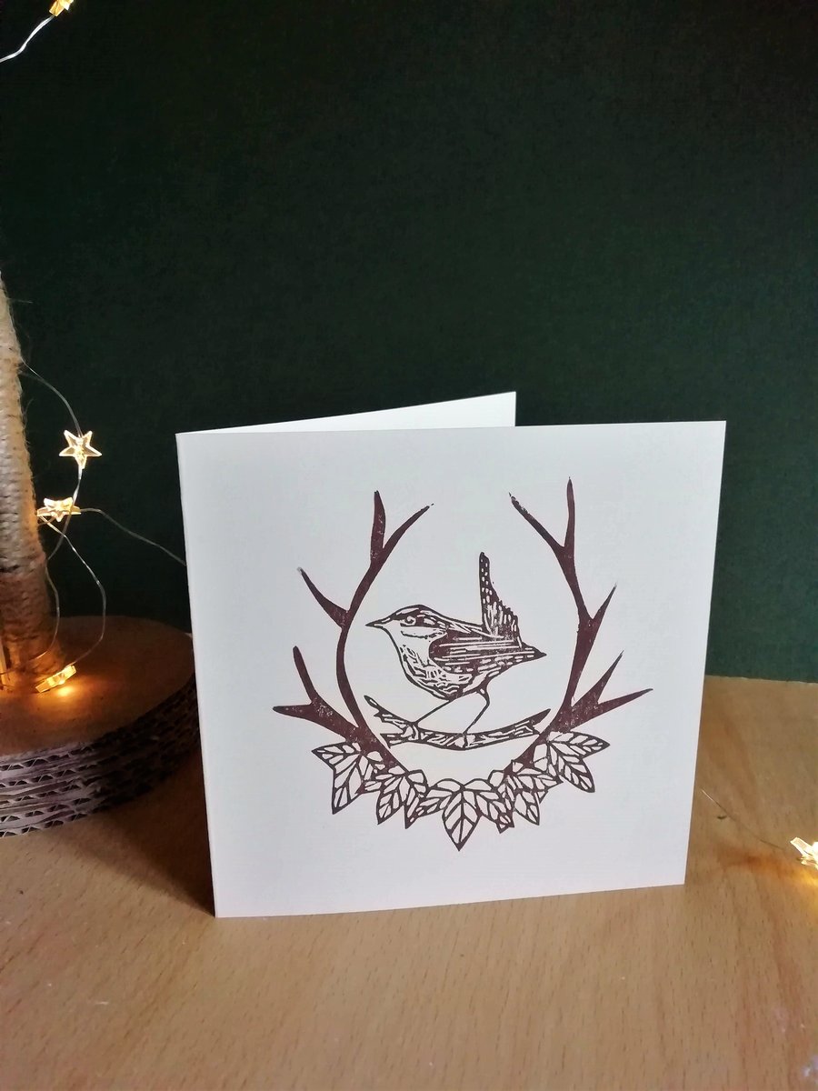 Lino Printed 'King of Birds' Wren Card