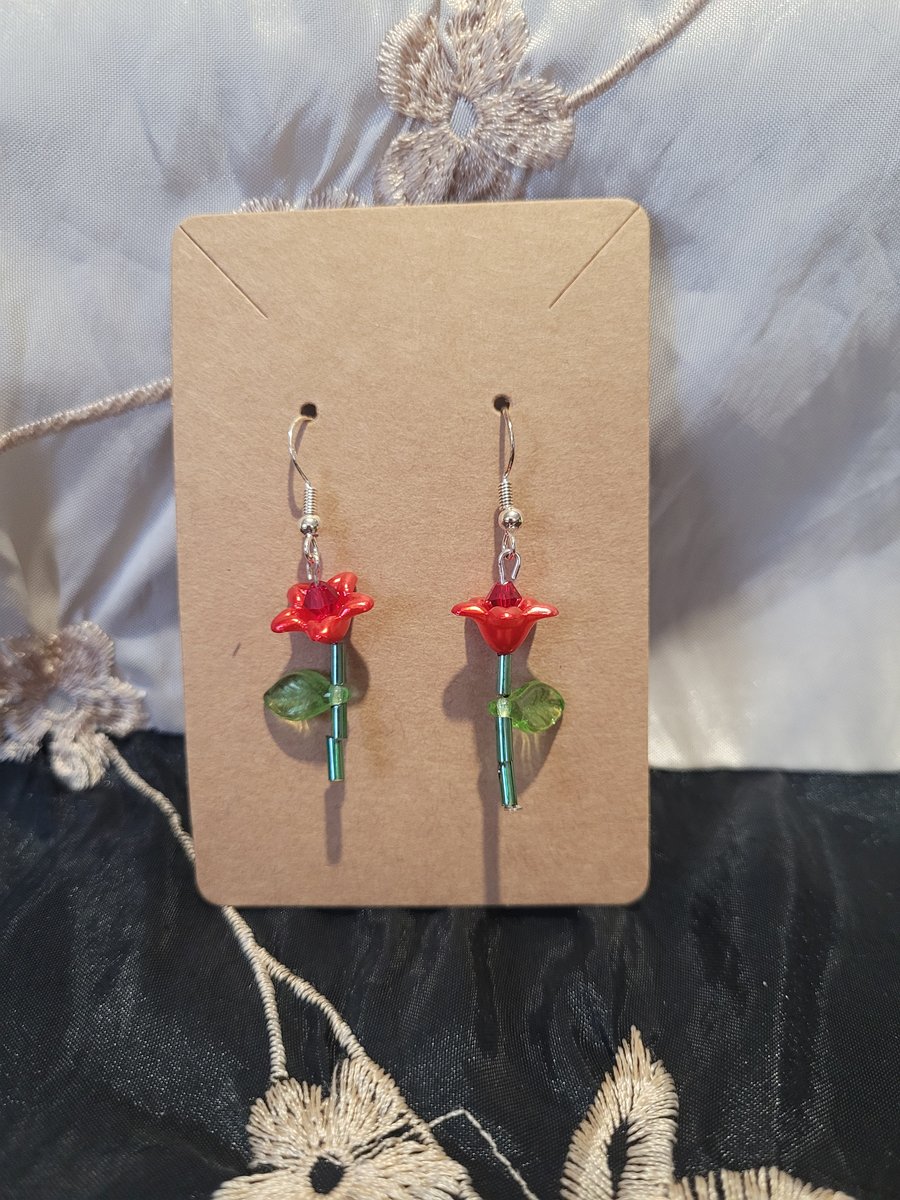 S925 Sterling Silver Earrings - Beaded Red Rose