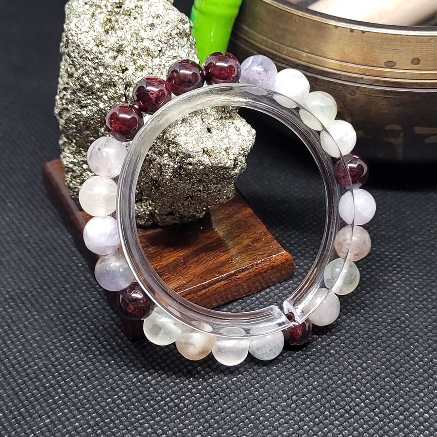 Garnet Fluorite stretch gemstone bracelet, 8mm High Grade natural round bead