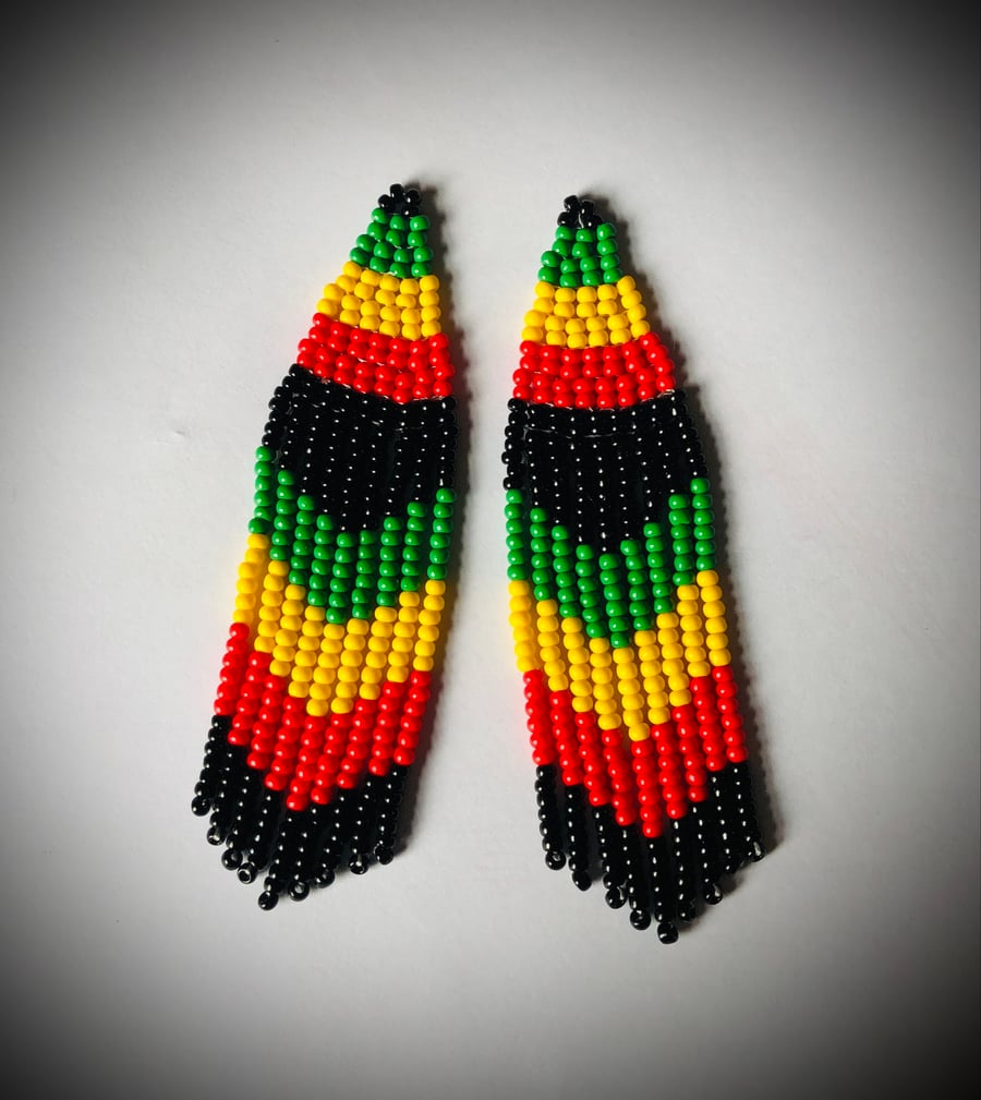 Jamaican inspired black red yellow and blue seed bead earrings