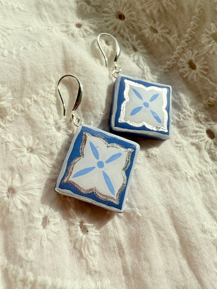 Silver Blue Tile Earrings – Hand Painted Azulejo Jewelry with Silver Hooks
