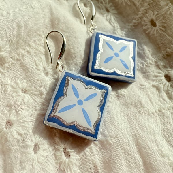 Silver Blue Tile Earrings – Hand Painted Azulejo Jewelry with Silver Hooks
