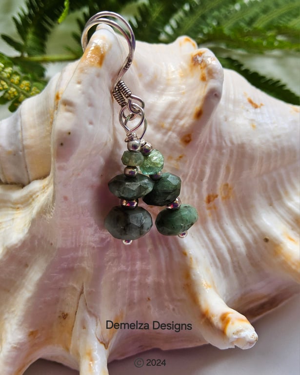 Nartural Raw Faceted Emerald Sterling Silver Earrings 