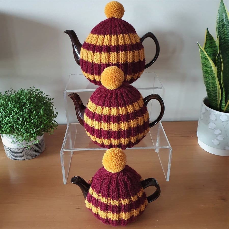 Large Tea Cosy for 10 Cup Tea Pot, Dark Red & Gold Striped, Hand Knitted 1.5L