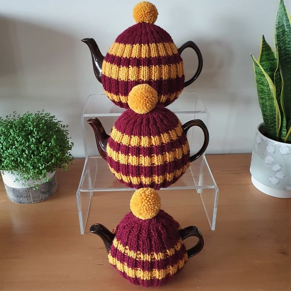 Large Tea Cosy for 10 Cup Tea Pot, Dark Red & Gold Striped, Hand Knitted 1.5L