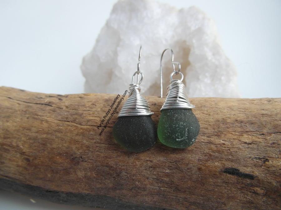 Deep Olive Green Cornish Sea Glass Earrings, Sterling Silver E515