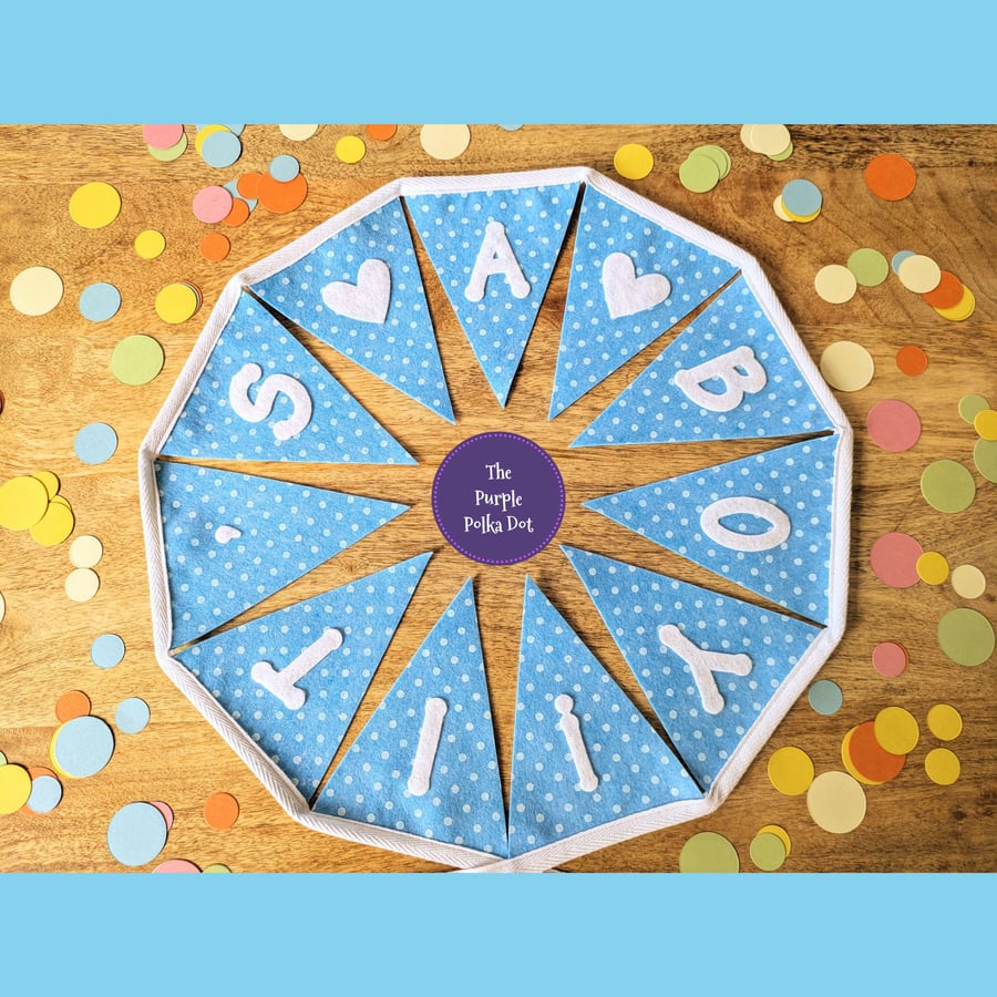 It's a boy banner handmade from blue polka dot felt ideal for baby showers