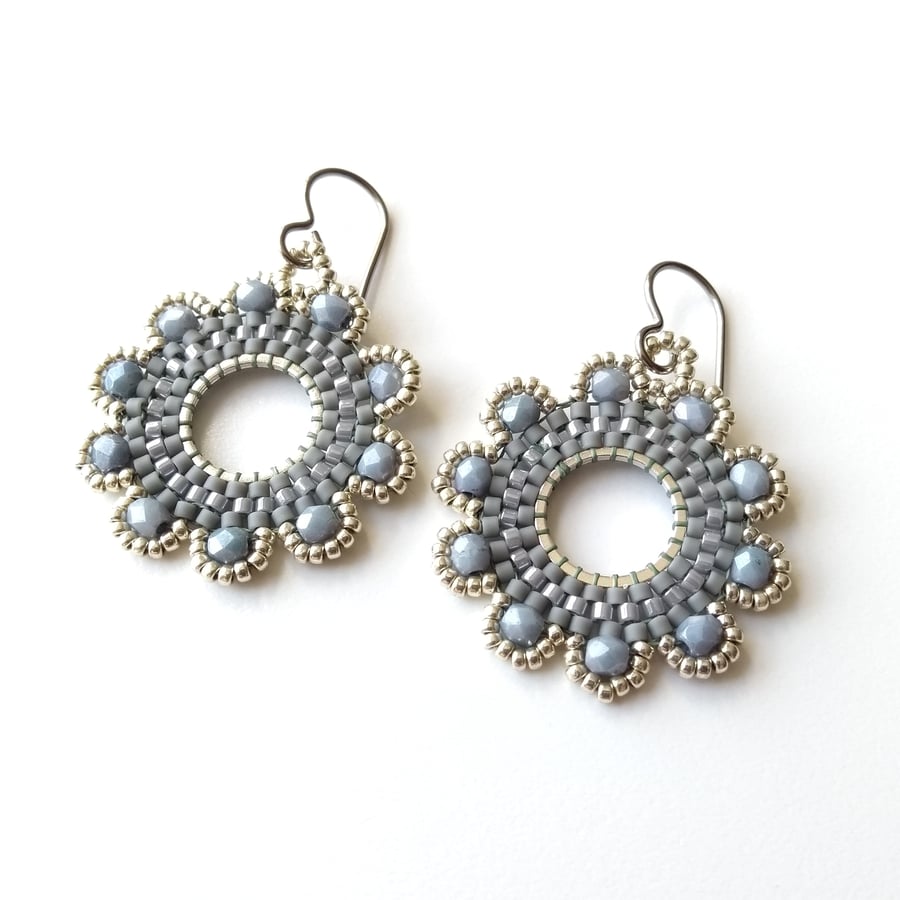 Beaded Hoop Earrings in Silver and Grey
