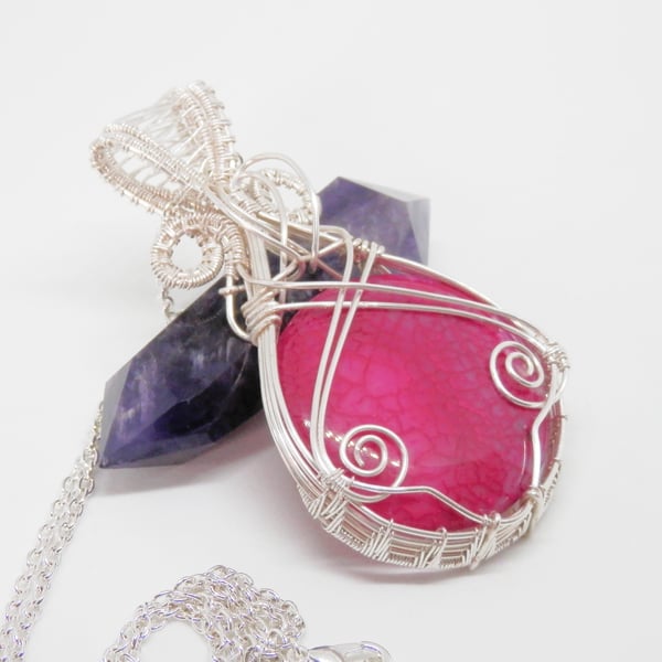 Silver Plated Wire Wrapped Necklace With Dragon Vein Agate
