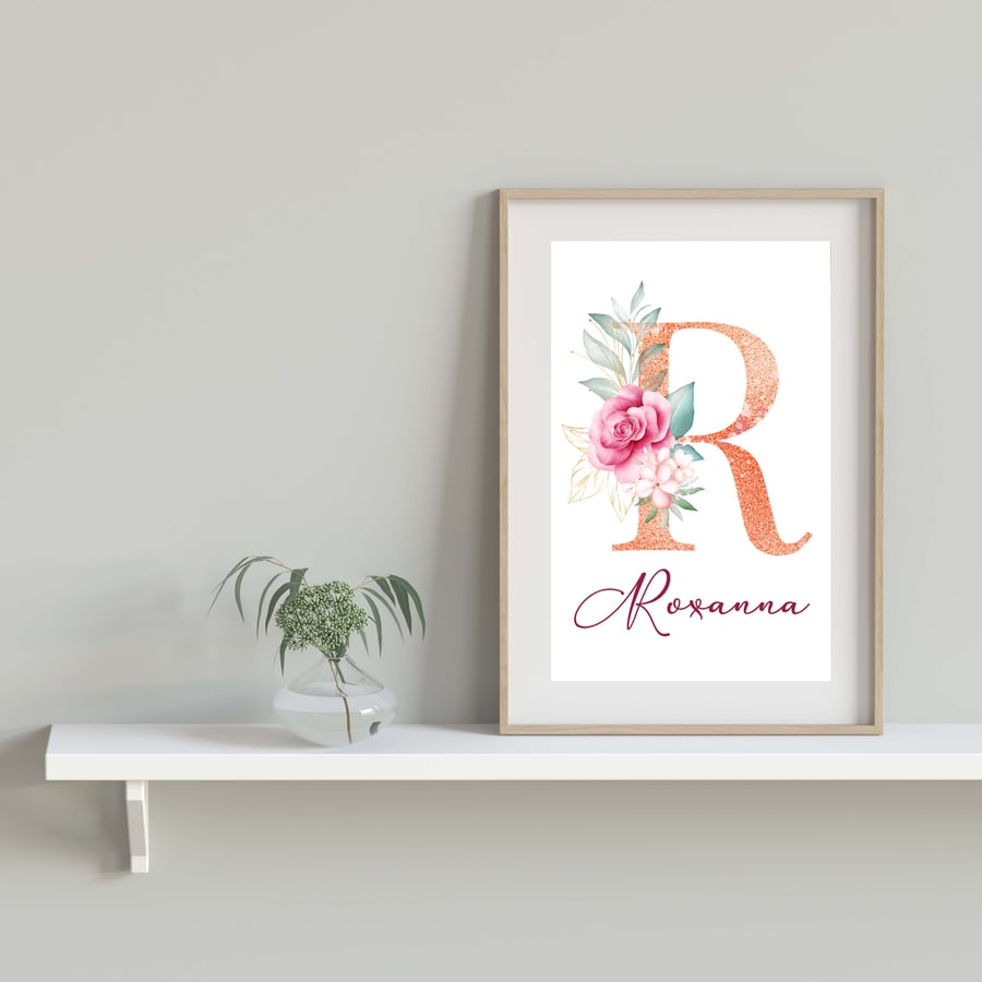 Personalised rose gold name print, initial letter with flowers print, gift