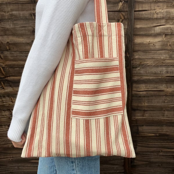 Brown Striped Cotton Tote Bag