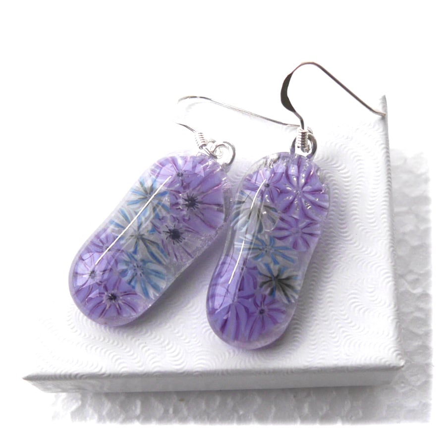 Earrings Fused Glass Millefioiri Handmade M005 Purple Blue Flowers