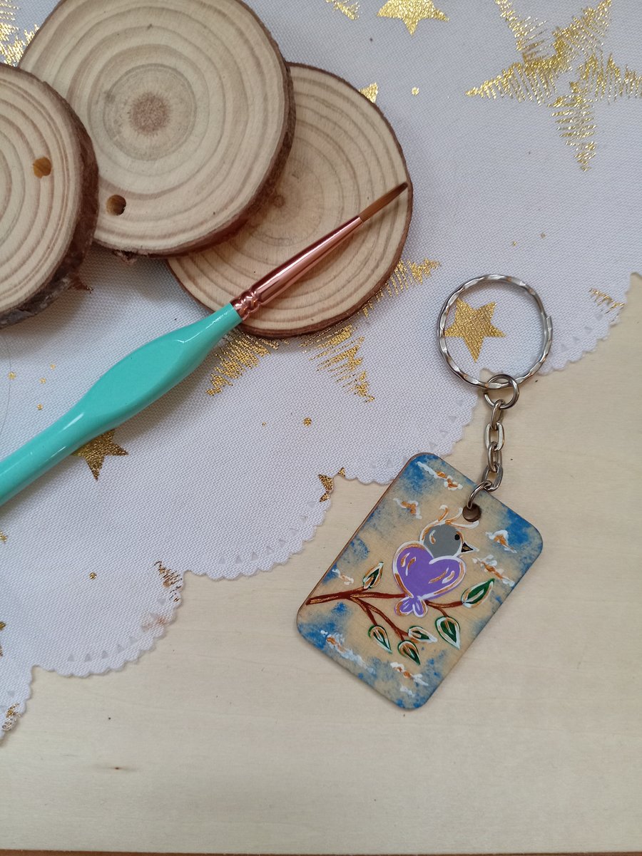 Wooden rectangular single lovebird keyring 
