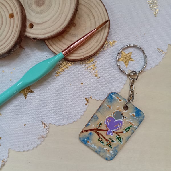 Wooden rectangular single lovebird keyring 