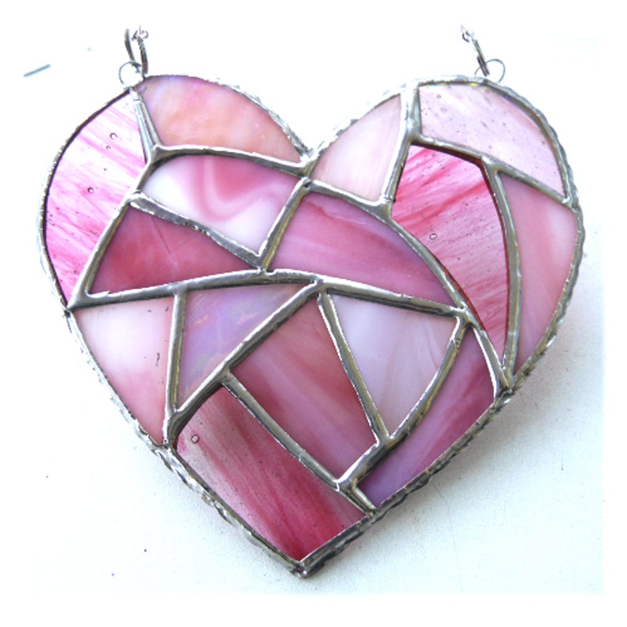 Fat Patchwork Heart Suncatcher Pink Stained Glass Handmade 019