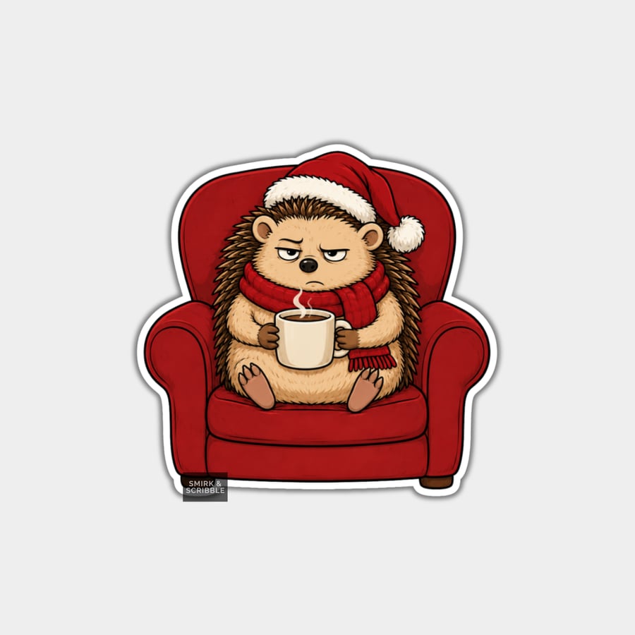 Unique Funny Christmas Sticker Xmas Decal - Hedgehog In Armchair