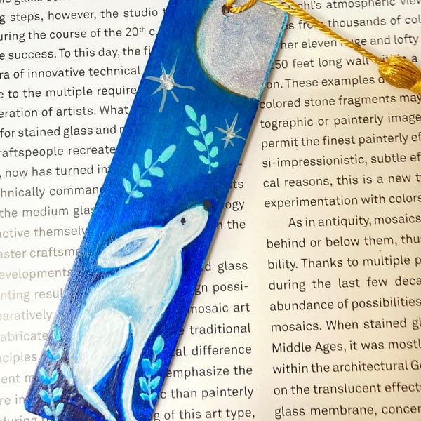 Moon Gazing White Hare Mystical Hand Painted Bookmark Book Lover Page Marker