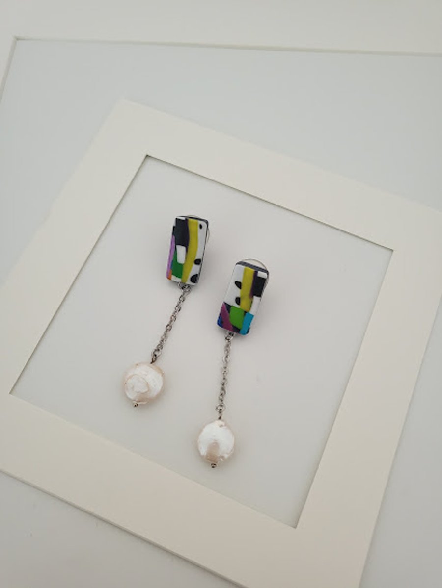 Handmade Abstract Pattern Polymer Clay Earrings -Spectrum Bar & Pearl Dangles