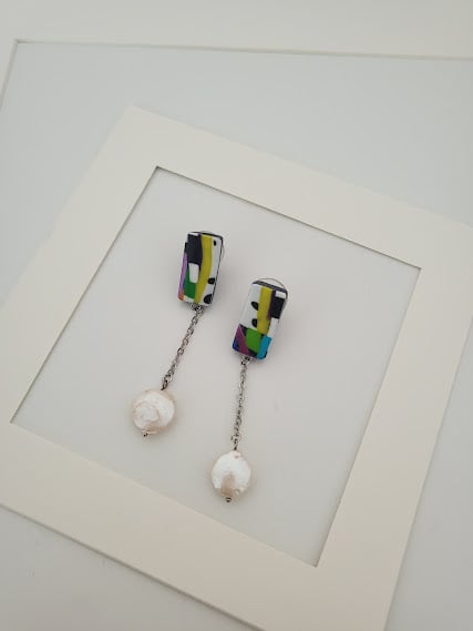 Handmade Abstract Pattern Polymer Clay Earrings -Spectrum Bar & Pearl Dangles