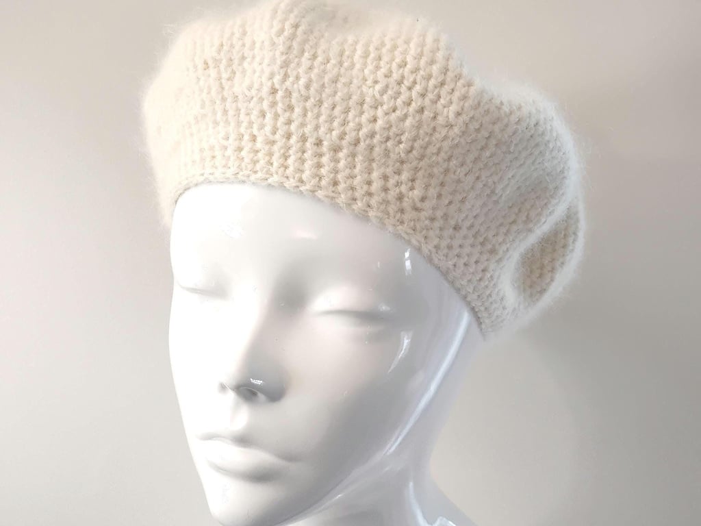 Crochet Wool and Mohair Beret in Cream with Lining