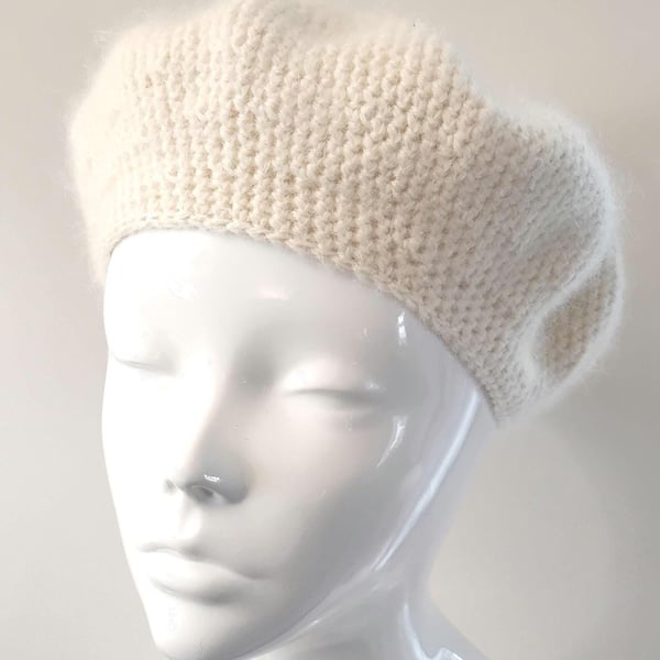 Crochet Wool and Mohair Beret in Cream with Lining