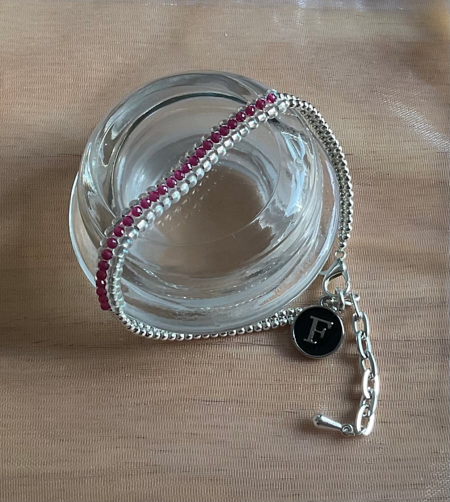 Tourmaline Pink Beaded October Birthday Bracelet Personalise Initial Charm