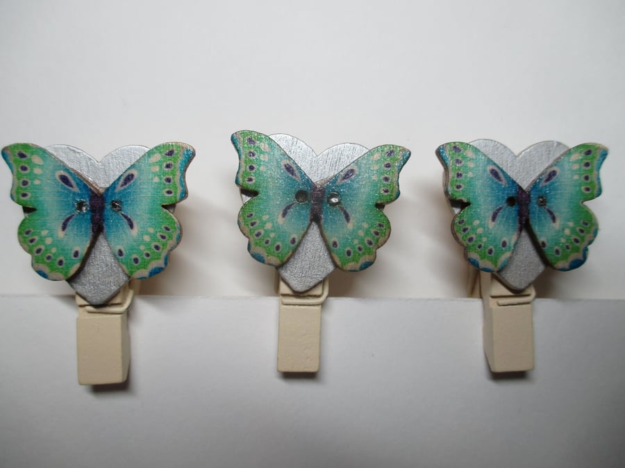 Butterfly on Love Heart Peg Clip Mini Peg Set of three Silver Green Blue
